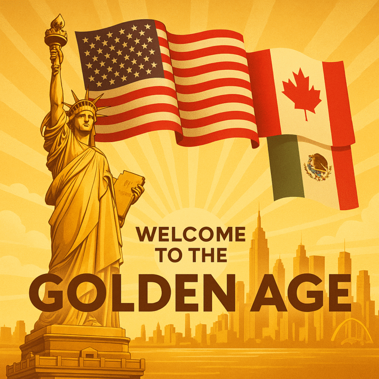 Golden Age illustration with American, Canadian, and Mexican flags above a gold Statue of Liberty and sunlit city skyline.