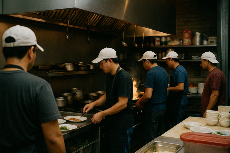 Restaurant kitchen with multiple cooks in white caps preparing food on stoves.
