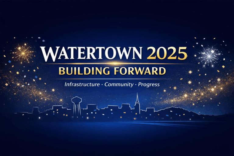 Digital banner reading “Watertown 2025 — Building Forward” with gold and white text, subtle fireworks, confetti, and a simple skyline line drawing on a dark blue background, symbolizing progress and city growth.