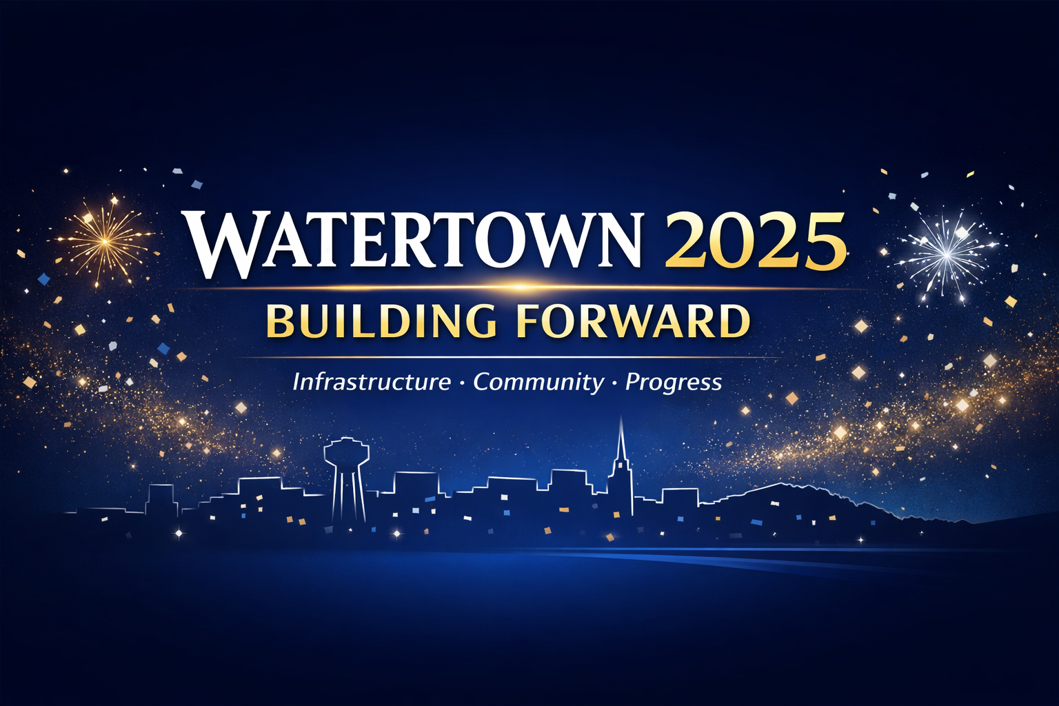 Digital banner reading “Watertown 2025 — Building Forward” with gold and white text, subtle fireworks, confetti, and a simple skyline line drawing on a dark blue background, symbolizing progress and city growth.