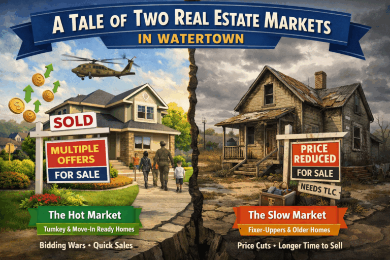 A split illustration showing two contrasting real estate markets in Watertown, New York. On one side, a modern home sells quickly with multiple offers, symbolizing the hot, move-in-ready market near Fort Drum. On the other, an older, deteriorating home shows price reductions and longer time on market, representing the struggling legacy housing stock.