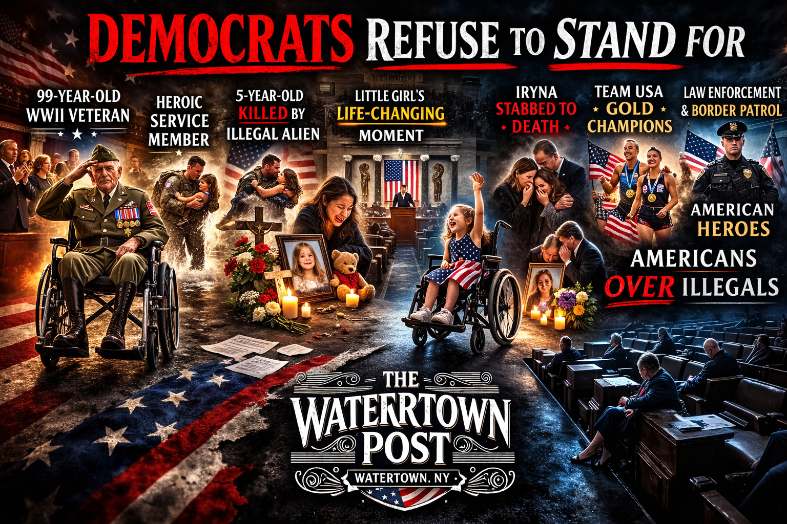 Dramatic political thumbnail showing a U.S. Capitol chamber scene with lawmakers seated, bold text reading “They Refused to Stand,” and images representing a WWII veteran, a service member rescuing a child, grieving families, Team USA athletes, and law enforcement. The Watertown Post watermark appears at the bottom.