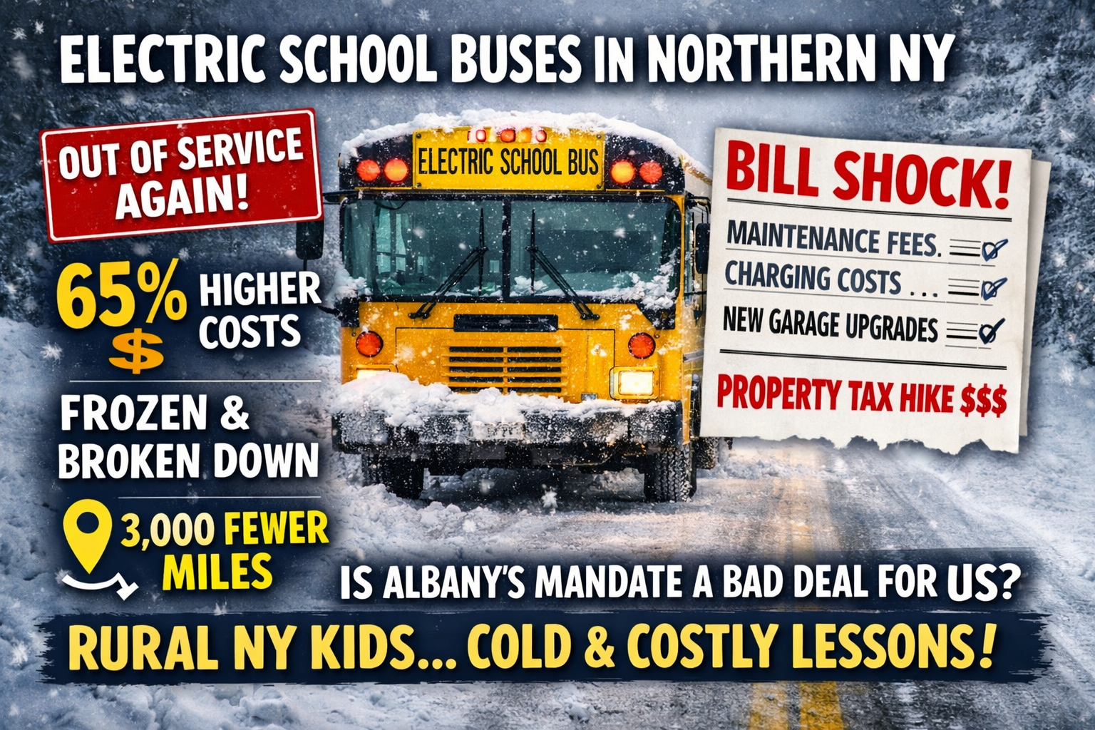 A yellow electric school bus stuck in heavy snow with bold text graphics showing higher costs, maintenance issues, and property tax concerns in Northern New York.