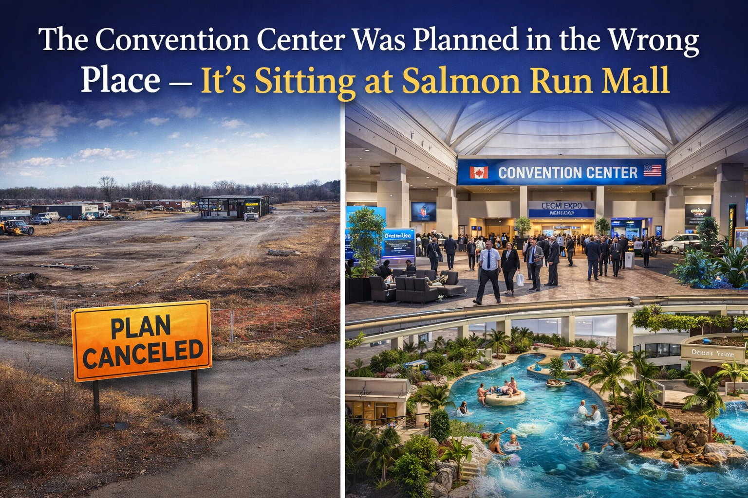 Concept image showing a canceled convention center construction site contrasted with a renovated Salmon Run Mall transformed into a busy convention center with exhibition halls and an indoor tropical pool complex.