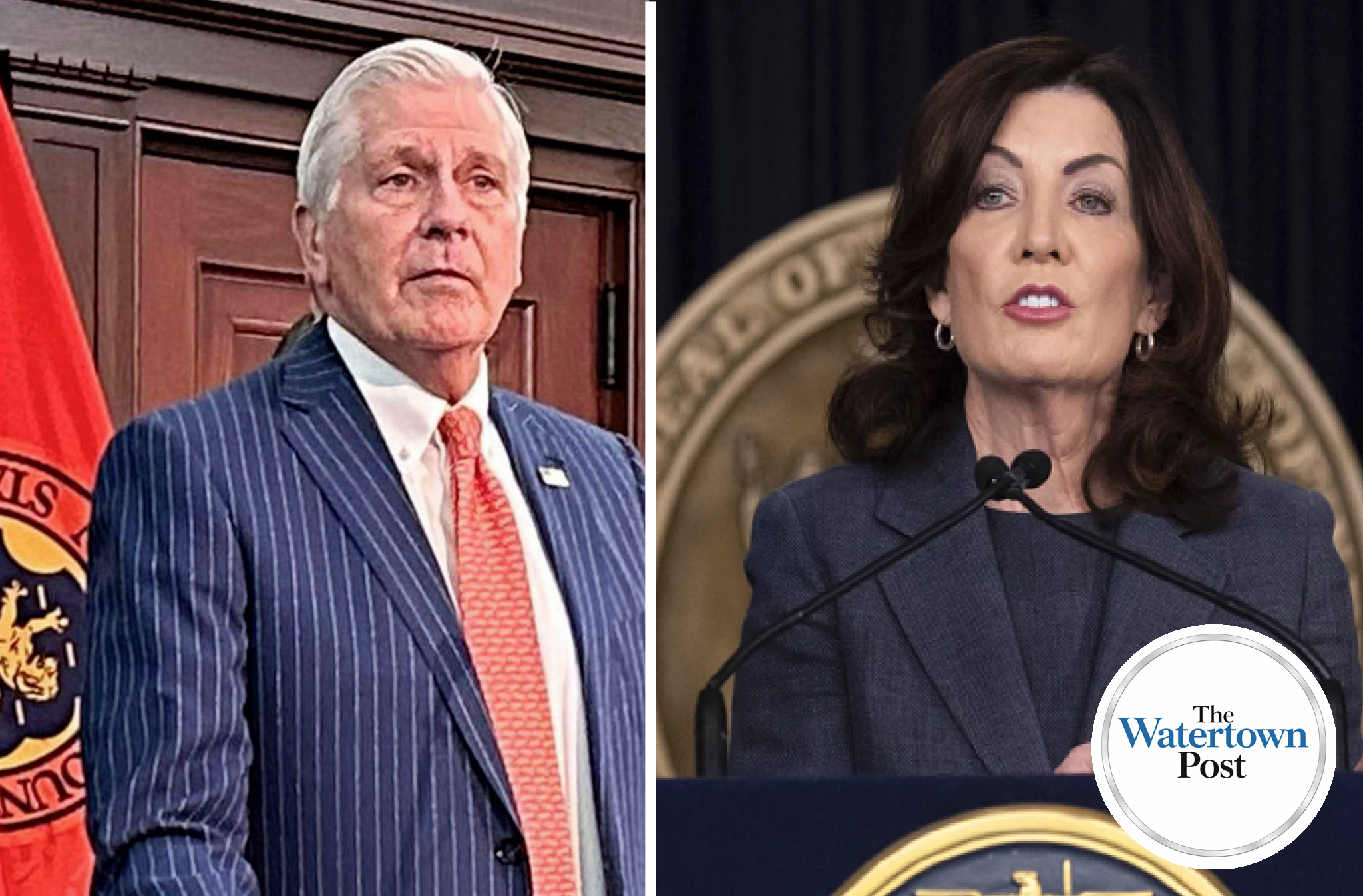 Composite image of Bruce Blakeman and Kathy Hochul with Watertown Post logo illustrating Siena College poll results on the New York governor race.