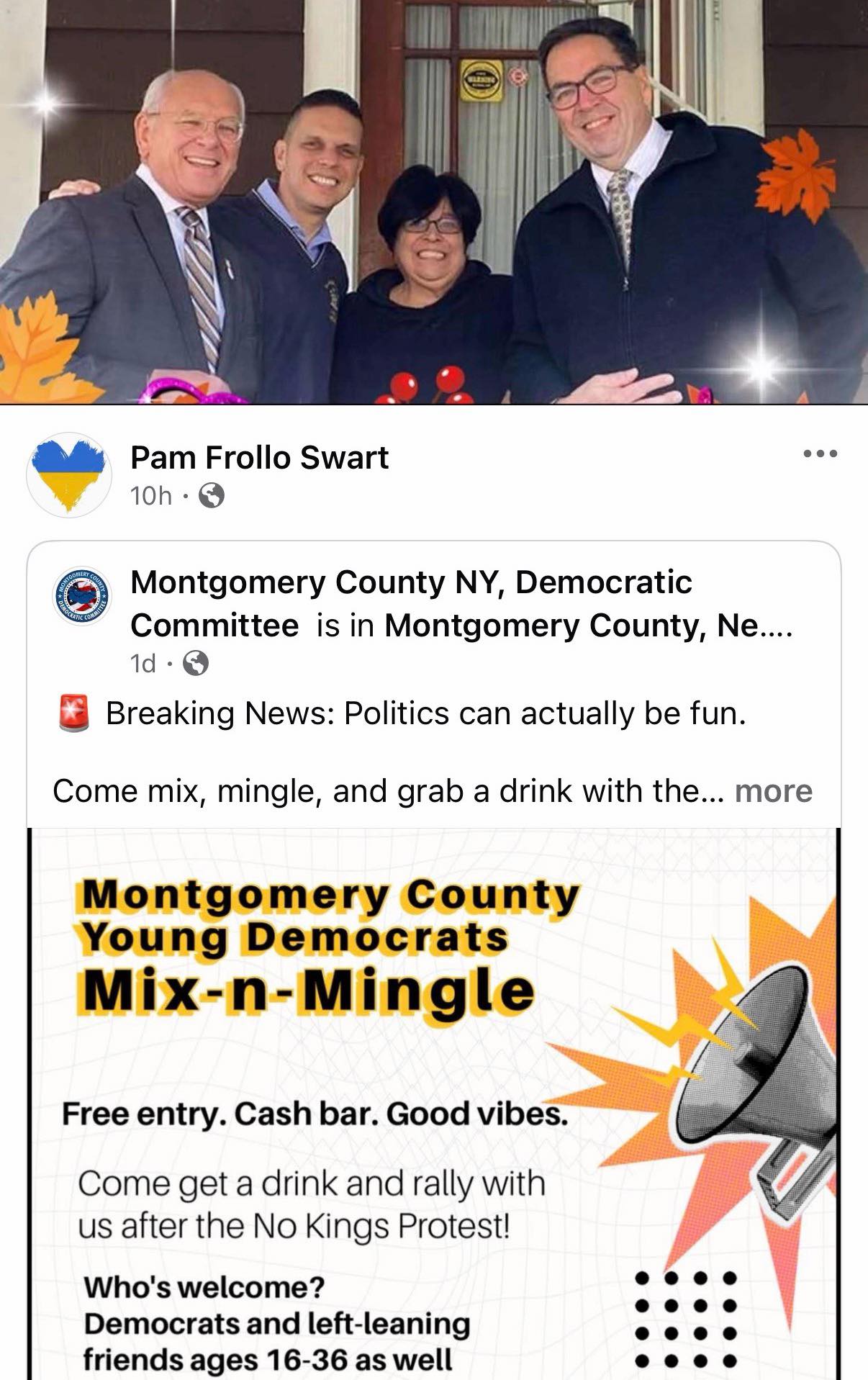 Screenshot of a Facebook post sharing a Montgomery County Young Democrats “Mix-n-Mingle” event flyer promoting free entry, a cash bar, and attendance for Democrats ages 16–36.