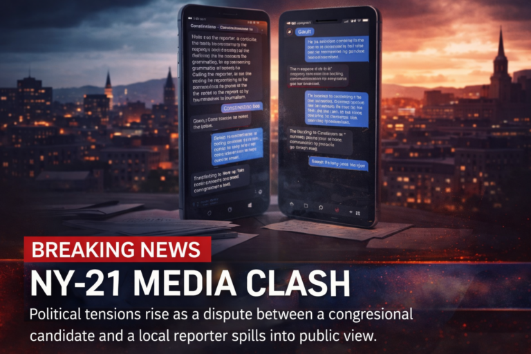 Two smartphones displaying tense text messages sit against a twilight city skyline, symbolizing a political and media dispute.