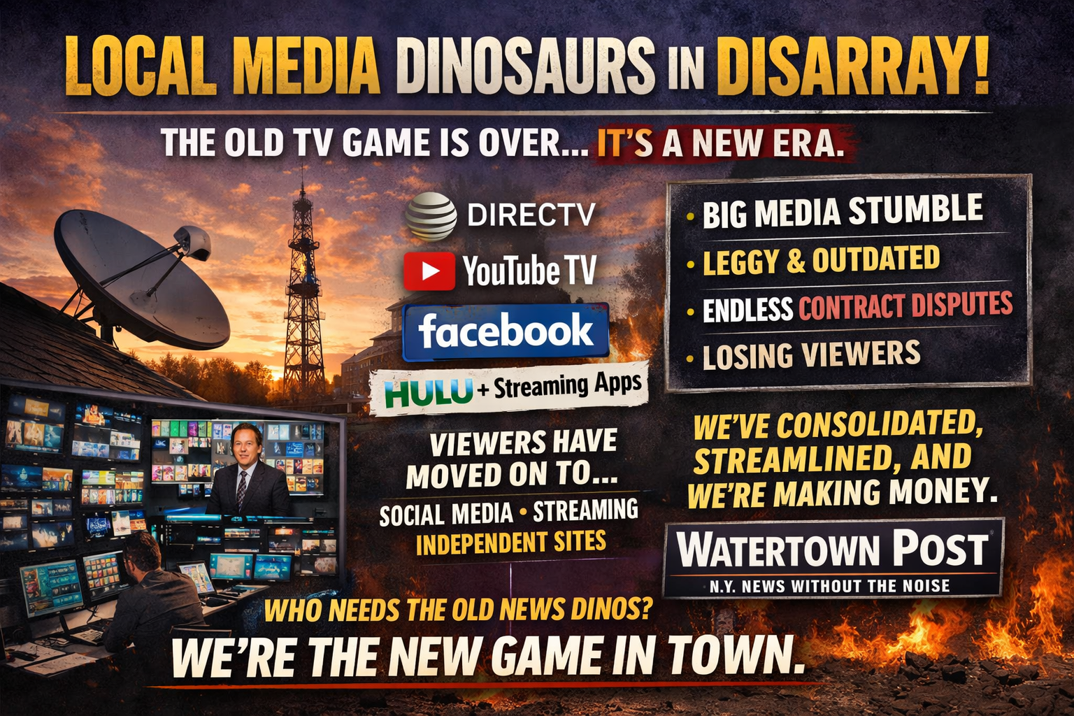 Symbolic image showing broadcast towers, satellite dishes, and modern digital news consumption representing the shift away from traditional local television.