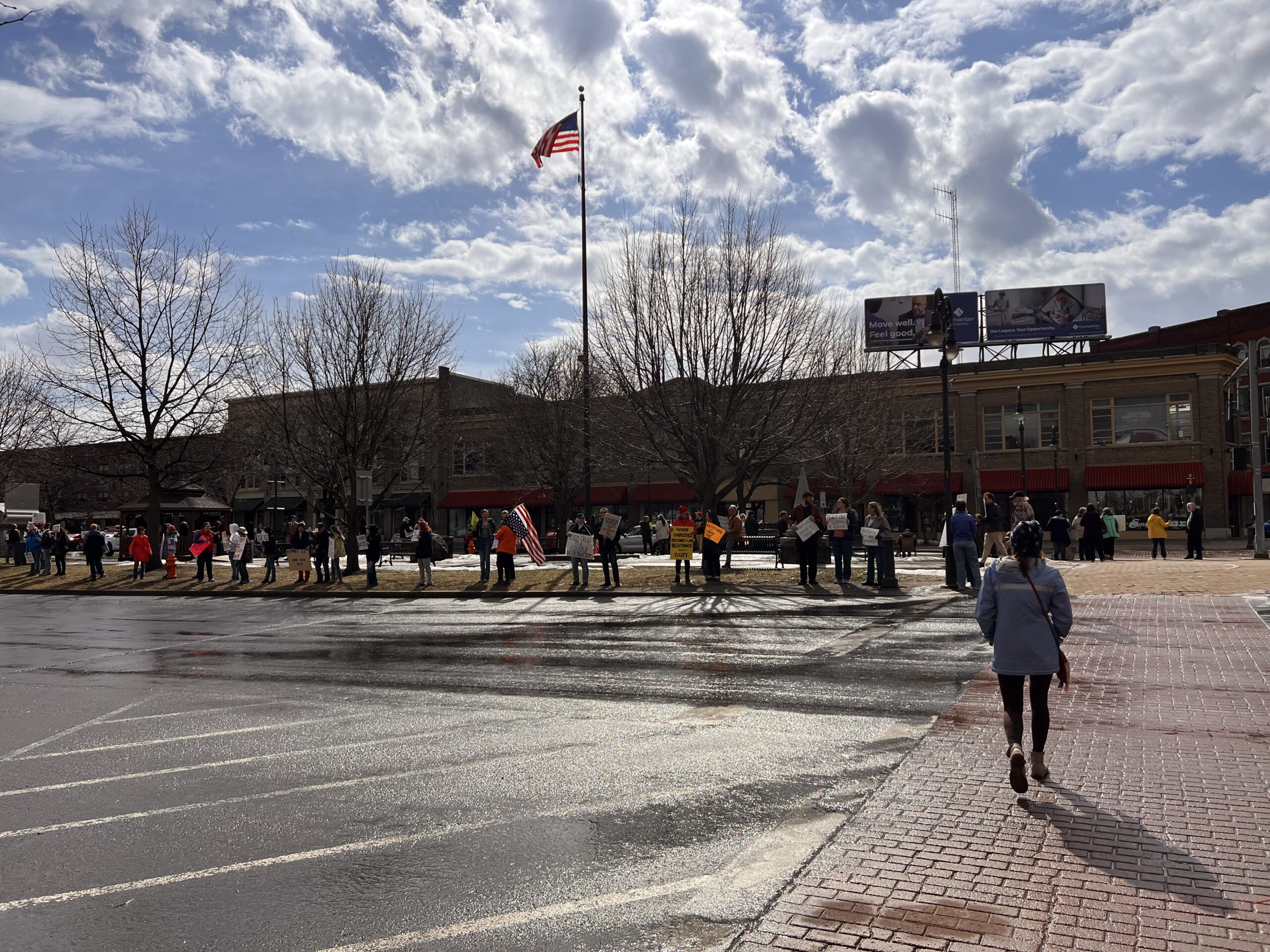 image of protesters gathered in Public Square, Watertown, New York, during a “No Kings” demonstration.