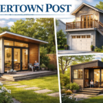 Modern small housing concepts including a backyard cottage, above-garage apartment, and compact container-style home that could be built on vacant lots and residential properties in Watertown and Northern New York.
