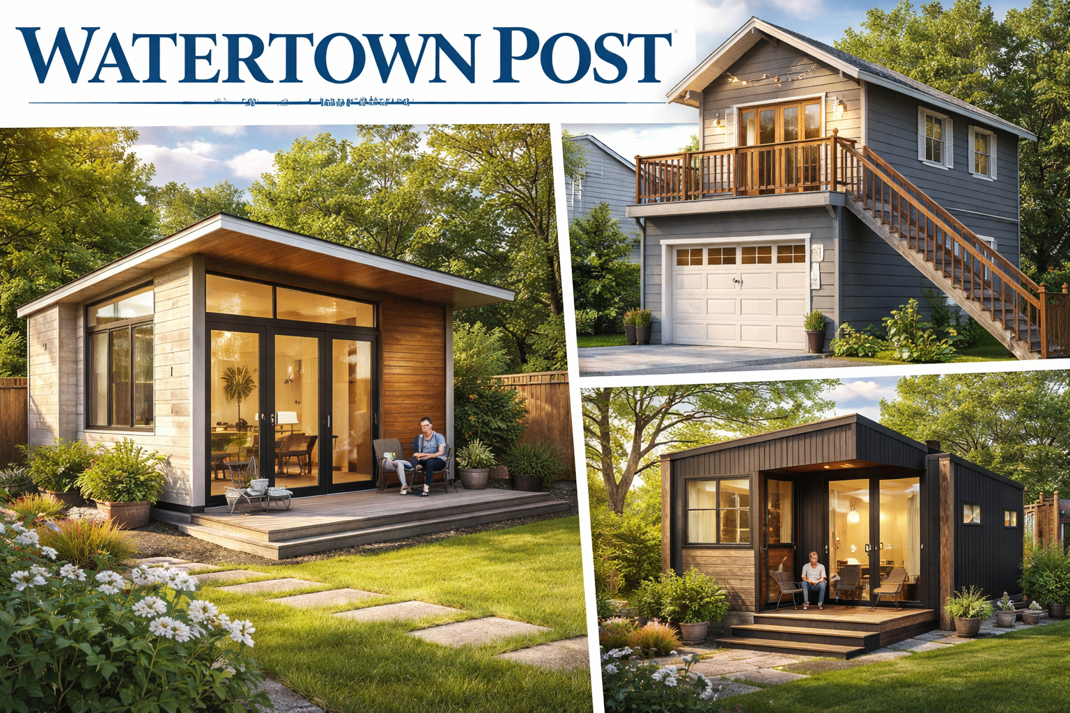Modern small housing concepts including a backyard cottage, above-garage apartment, and compact container-style home that could be built on vacant lots and residential properties in Watertown and Northern New York.