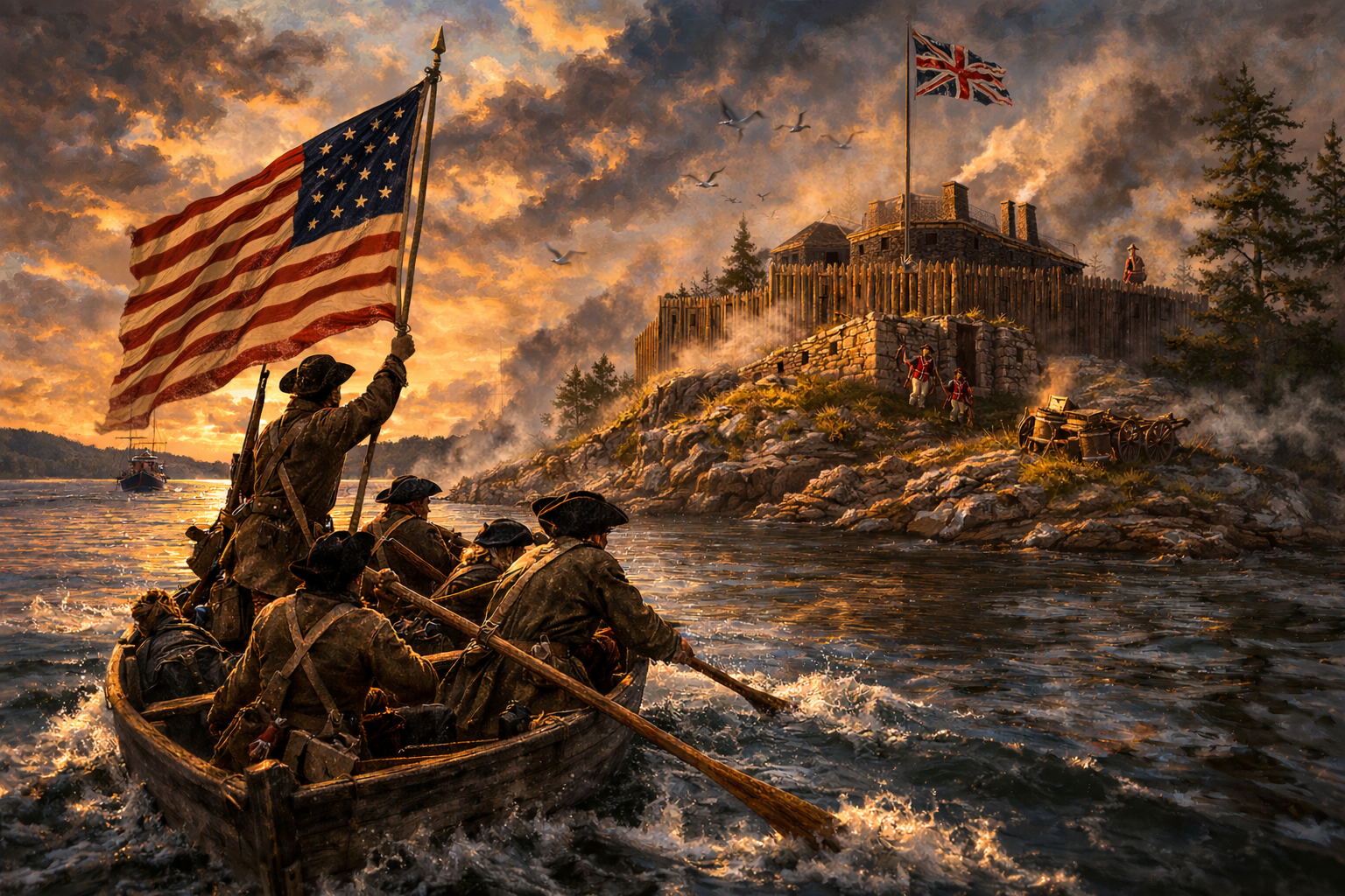 AI-generated historical painting showing American militia rowing toward a British fort with wooden palisades on a bluff at Carlton Island in the St. Lawrence River during the Revolutionary period.