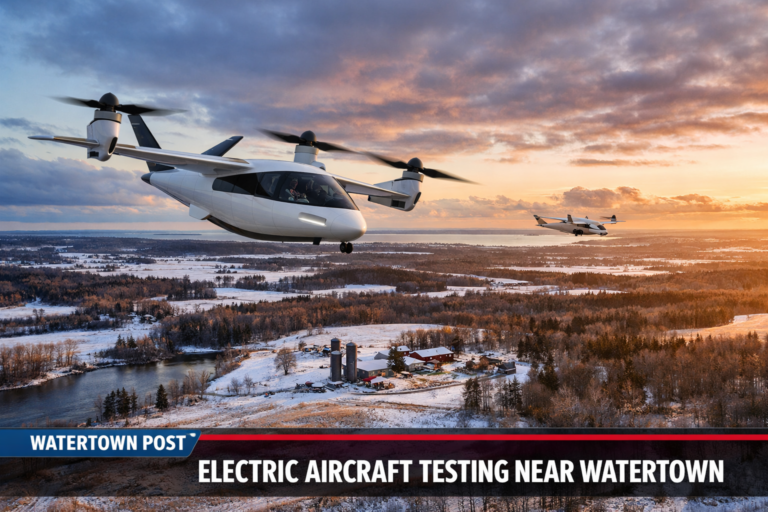 Aerial view I-81 corridor from Syracuse to Watertown with glowing flight path lines in the sky, futuristic overlay, rural forests and fields