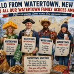 Illustrated poster showing representatives from multiple American towns named Watertown, including New York, Wisconsin, South Dakota, Tennessee, Connecticut, Massachusetts, and Minnesota. The characters stand together in winter clothing holding signs with humorous descriptions of their hometowns. Snowmobiles, pizza, hockey skates, cheese, and patriotic imagery surround a large banner reading “Hello From Watertown, New York to All Our Watertown Family Across America!”