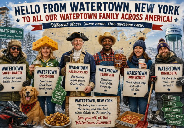 Illustrated poster showing representatives from multiple American towns named Watertown, including New York, Wisconsin, South Dakota, Tennessee, Connecticut, Massachusetts, and Minnesota. The characters stand together in winter clothing holding signs with humorous descriptions of their hometowns. Snowmobiles, pizza, hockey skates, cheese, and patriotic imagery surround a large banner reading “Hello From Watertown, New York to All Our Watertown Family Across America!”