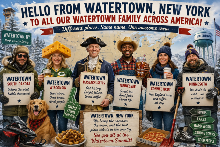 Illustrated poster showing representatives from multiple American towns named Watertown, including New York, Wisconsin, South Dakota, Tennessee, Connecticut, Massachusetts, and Minnesota. The characters stand together in winter clothing holding signs with humorous descriptions of their hometowns. Snowmobiles, pizza, hockey skates, cheese, and patriotic imagery surround a large banner reading “Hello From Watertown, New York to All Our Watertown Family Across America!”