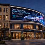A futuristic concept rendering of downtown Watertown, New York, showing a modern curved LED billboard integrated into a renovated art gallery building near Public Square, with sleek architectural lighting and Times Square-style digital advertising.
