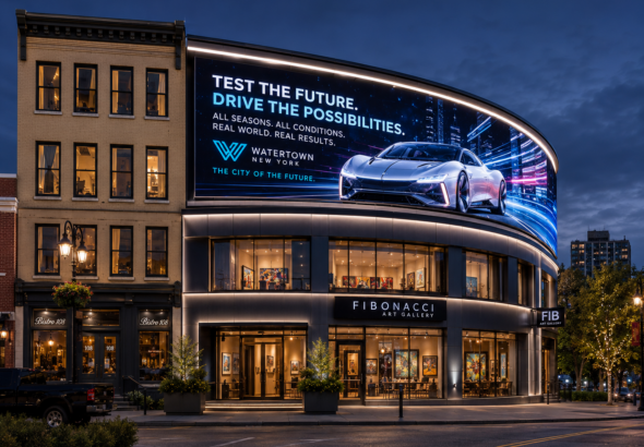 A futuristic concept rendering of downtown Watertown, New York, showing a modern curved LED billboard integrated into a renovated art gallery building near Public Square, with sleek architectural lighting and Times Square-style digital advertising.