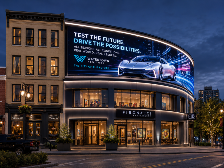 A futuristic concept rendering of downtown Watertown, New York, showing a modern curved LED billboard integrated into a renovated art gallery building near Public Square, with sleek architectural lighting and Times Square-style digital advertising.
