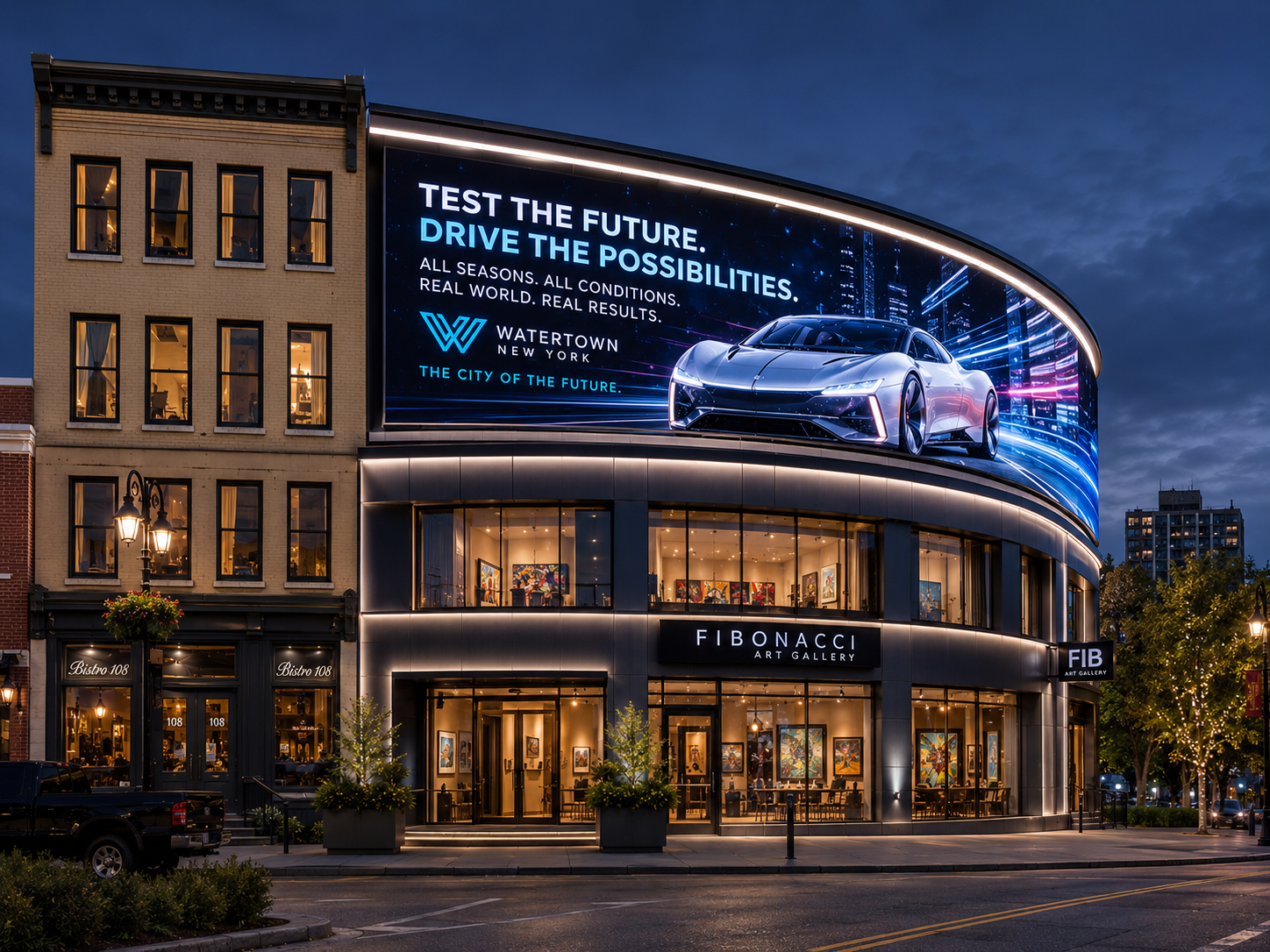A futuristic concept rendering of downtown Watertown, New York, showing a modern curved LED billboard integrated into a renovated art gallery building near Public Square, with sleek architectural lighting and Times Square-style digital advertising.
