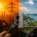 A split-scene illustration contrasts extreme summer heat and strained electrical infrastructure with the cooler, calmer conditions many New Yorkers may be hoping for as statewide energy reserves decline heading into summer.