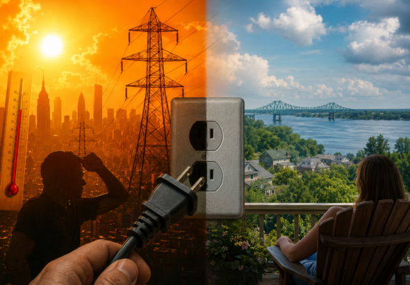 A split-scene illustration contrasts extreme summer heat and strained electrical infrastructure with the cooler, calmer conditions many New Yorkers may be hoping for as statewide energy reserves decline heading into summer.