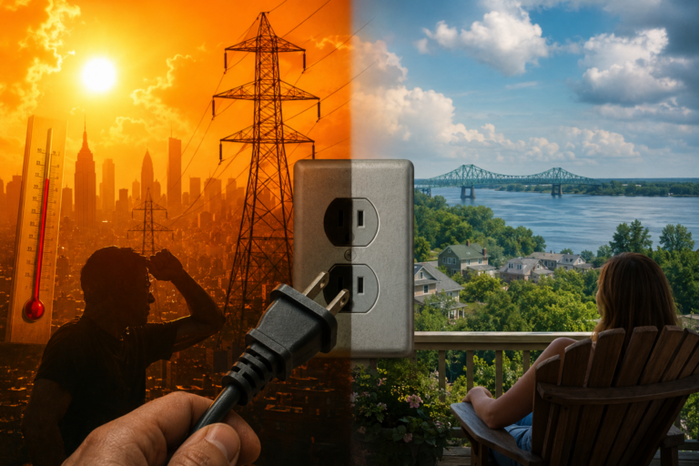 A split-scene illustration contrasts extreme summer heat and strained electrical infrastructure with the cooler, calmer conditions many New Yorkers may be hoping for as statewide energy reserves decline heading into summer.