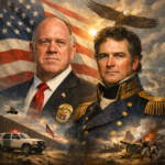 General Jacob Brown in War of 1812 military uniform standing beside Tom Homan in modern attire, with Sackets Harbor and Lake Ontario in the background.