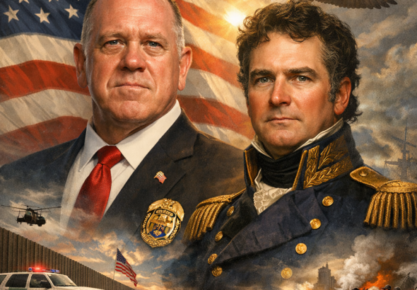 General Jacob Brown in War of 1812 military uniform standing beside Tom Homan in modern attire, with Sackets Harbor and Lake Ontario in the background.