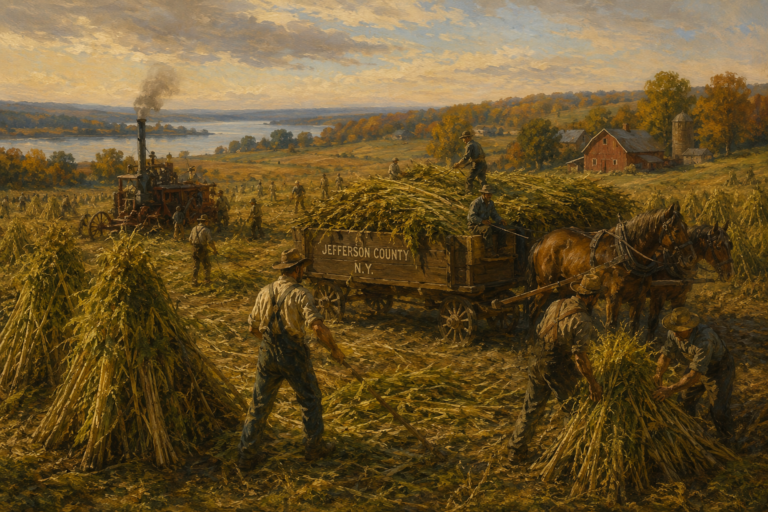 Historic oil painting-style image of farmers harvesting hemp in Jefferson County, New York, with horse-drawn wagons, steam machinery, and rolling North Country farmland in autumn.