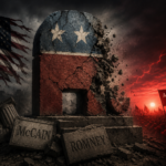 This cinematic political illustration symbolizes the collapse of the traditional Republican establishment era associated with Bush, McCain, and Romney. The shattered elephant monument sits among broken columns and debris under a violent storm sky, while in the distance a massive rally bathed in red light represents the rise of a newer populist nationalist movement. Torn American flags, lightning, smoke, and crumbling stone create an atmosphere of political upheaval and generational transformation inside the Republican Party.