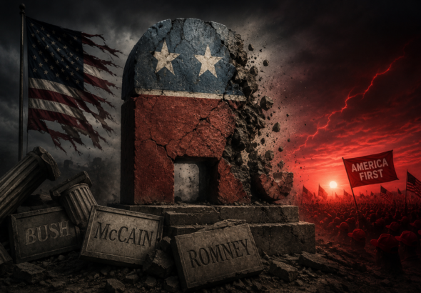 This cinematic political illustration symbolizes the collapse of the traditional Republican establishment era associated with Bush, McCain, and Romney. The shattered elephant monument sits among broken columns and debris under a violent storm sky, while in the distance a massive rally bathed in red light represents the rise of a newer populist nationalist movement. Torn American flags, lightning, smoke, and crumbling stone create an atmosphere of political upheaval and generational transformation inside the Republican Party.