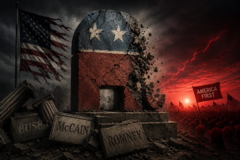 This cinematic political illustration symbolizes the collapse of the traditional Republican establishment era associated with Bush, McCain, and Romney. The shattered elephant monument sits among broken columns and debris under a violent storm sky, while in the distance a massive rally bathed in red light represents the rise of a newer populist nationalist movement. Torn American flags, lightning, smoke, and crumbling stone create an atmosphere of political upheaval and generational transformation inside the Republican Party.