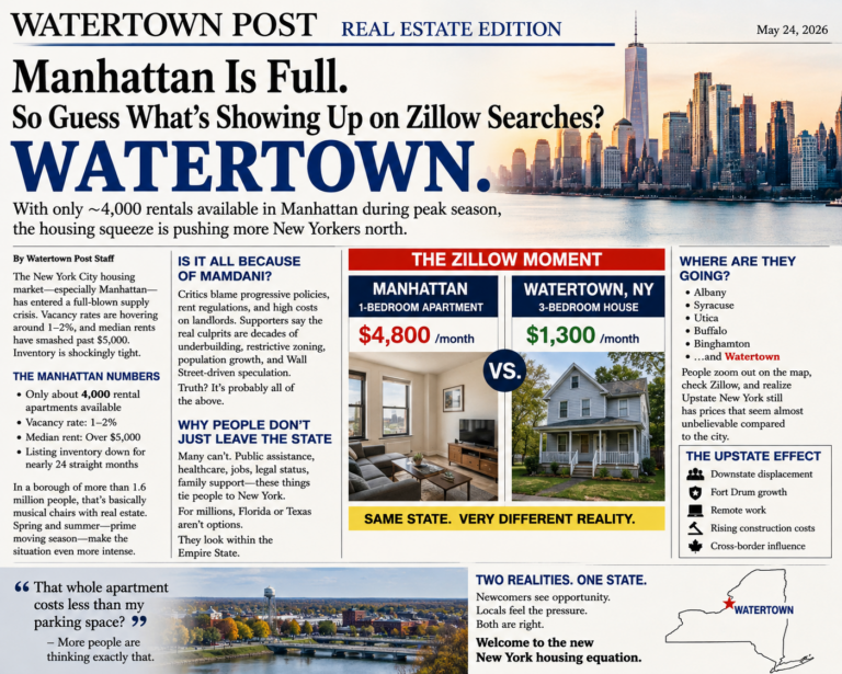 Newspaper-style graphic comparing Manhattan apartment prices to Watertown housing costs, featuring the New York City skyline, a Watertown home, and headlines about the New York housing crisis driving migration north.