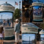 Retro-futuristic cylindrical video portal kiosks in a real downtown streetscape, showing live connections between different Watertown communities while pedestrians gather around the glowing structures.