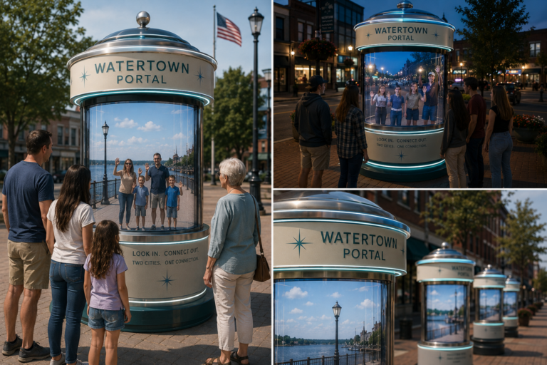 Retro-futuristic cylindrical video portal kiosks in a real downtown streetscape, showing live connections between different Watertown communities while pedestrians gather around the glowing structures.
