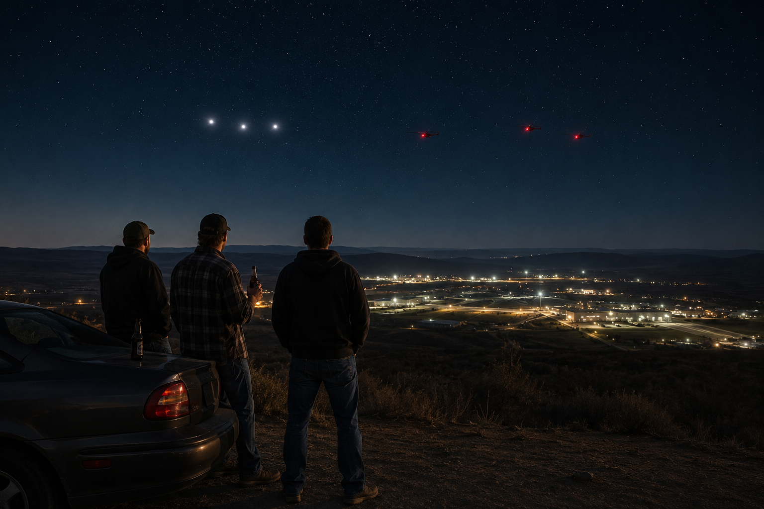 Three men standing beside a car at night overlooking a military base in a valley while three glowing white orbs move through the sky ahead of red blinking aircraft lights.