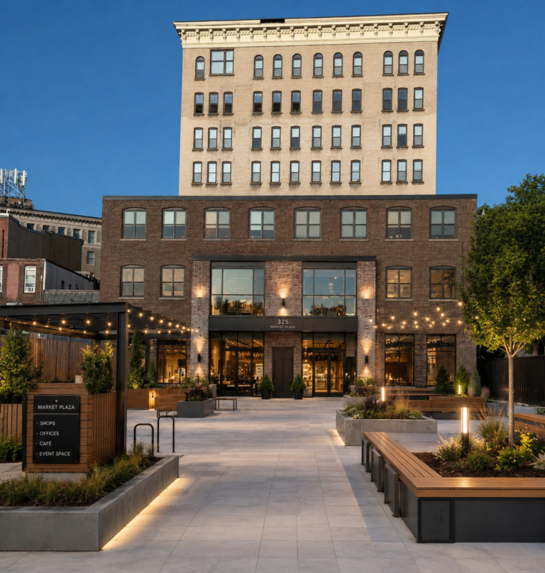 Concept rendering of a redeveloped JB Wise site in downtown Watertown, New York, showing a modern plaza with landscaped walkways, seating areas, storefronts, and renovated brick architecture