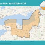 Map of New York's 24th Congressional District highlighted in orange with blue Watertown Post header and footer, showing the district extending from Jefferson County to the Niagara region along Lake Ontario.