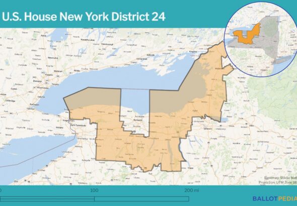 Map of New York's 24th Congressional District highlighted in orange with blue Watertown Post header and footer, showing the district extending from Jefferson County to the Niagara region along Lake Ontario.