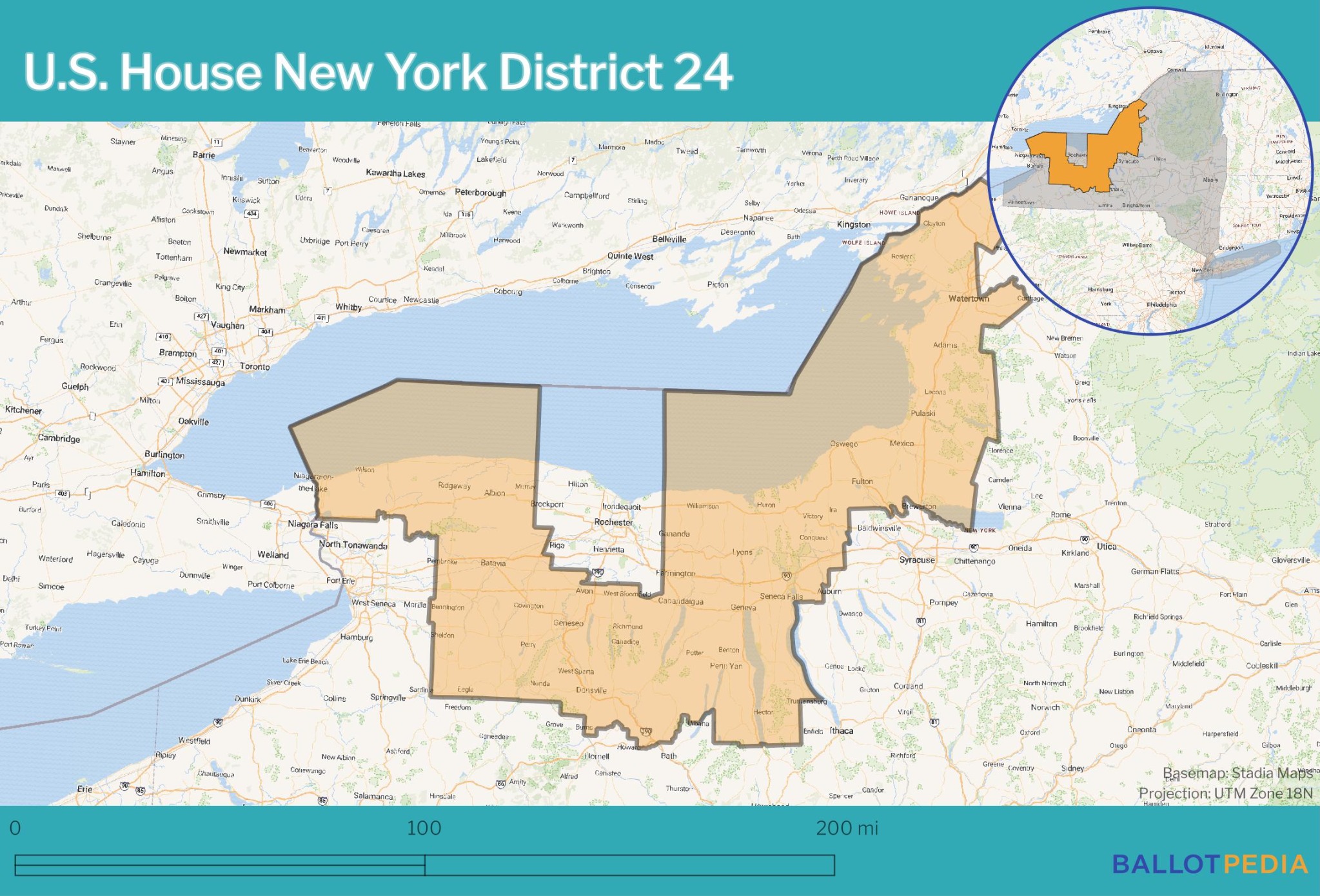 Map of New York's 24th Congressional District highlighted in orange with blue Watertown Post header and footer, showing the district extending from Jefferson County to the Niagara region along Lake Ontario.