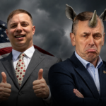 Political editorial image showing Anthony Constantino smiling confidently with two thumbs up in front of an American flag, while Robert Smullen appears unhappy and is depicted with rhinoceros features against a dark stormy background, symbolizing accusations of establishment Republican opposition.
