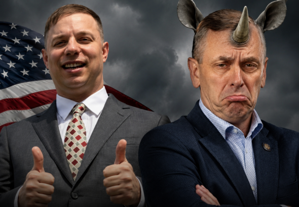 Political editorial image showing Anthony Constantino smiling confidently with two thumbs up in front of an American flag, while Robert Smullen appears unhappy and is depicted with rhinoceros features against a dark stormy background, symbolizing accusations of establishment Republican opposition.