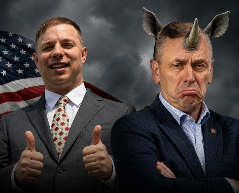 Political editorial image showing Anthony Constantino smiling confidently with two thumbs up in front of an American flag, while Robert Smullen appears unhappy and is depicted with rhinoceros features against a dark stormy background, symbolizing accusations of establishment Republican opposition.