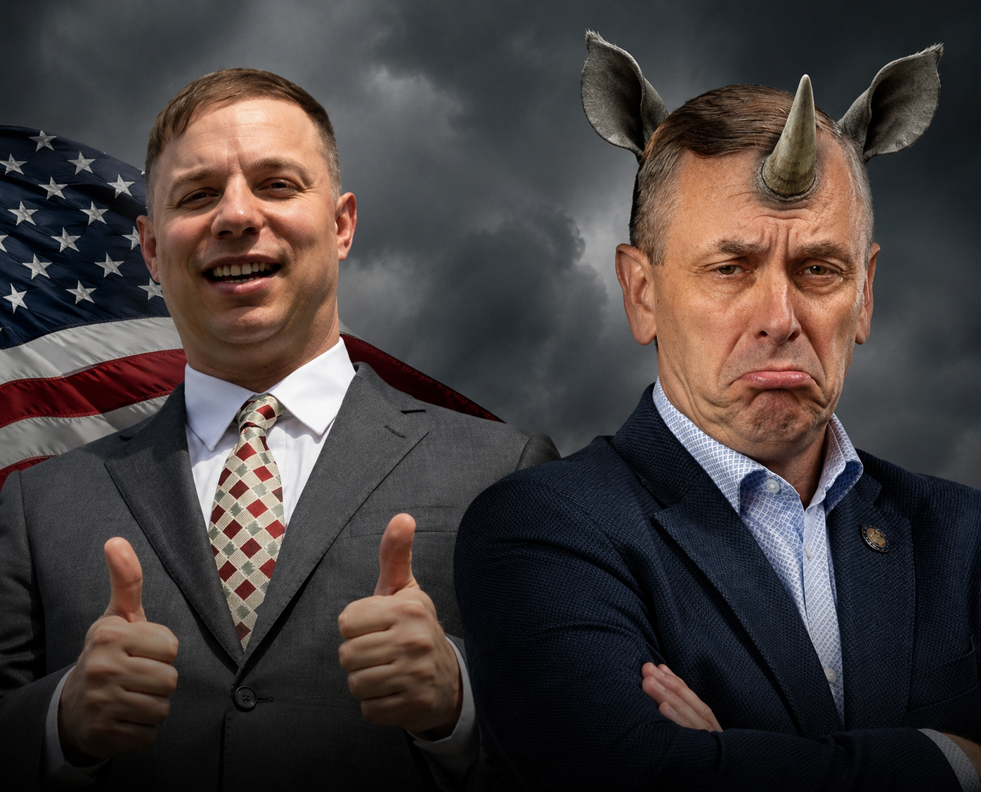 Political editorial image showing Anthony Constantino smiling confidently with two thumbs up in front of an American flag, while Robert Smullen appears unhappy and is depicted with rhinoceros features against a dark stormy background, symbolizing accusations of establishment Republican opposition.