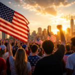 A large crowd of mostly young adults gathers at sunset waving American flags with a city skyline in the background, representing youthful political participation and patriotic enthusiasm.
