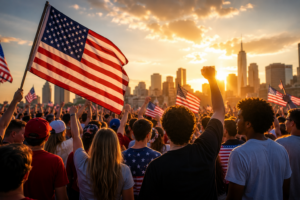 A large crowd of mostly young adults gathers at sunset waving American flags with a city skyline in the background, representing youthful political participation and patriotic enthusiasm.