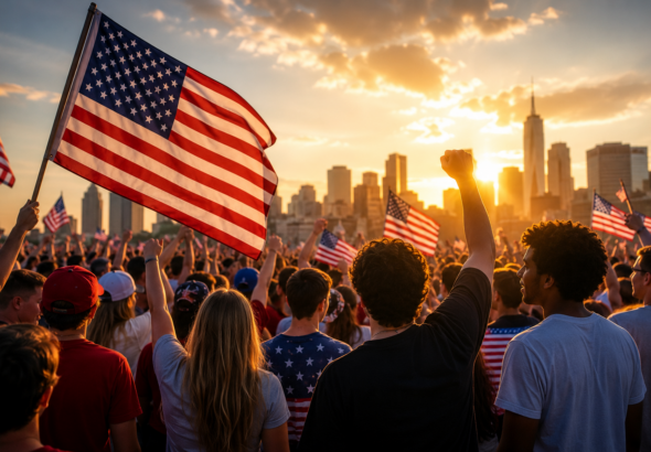 A large crowd of mostly young adults gathers at sunset waving American flags with a city skyline in the background, representing youthful political participation and patriotic enthusiasm.