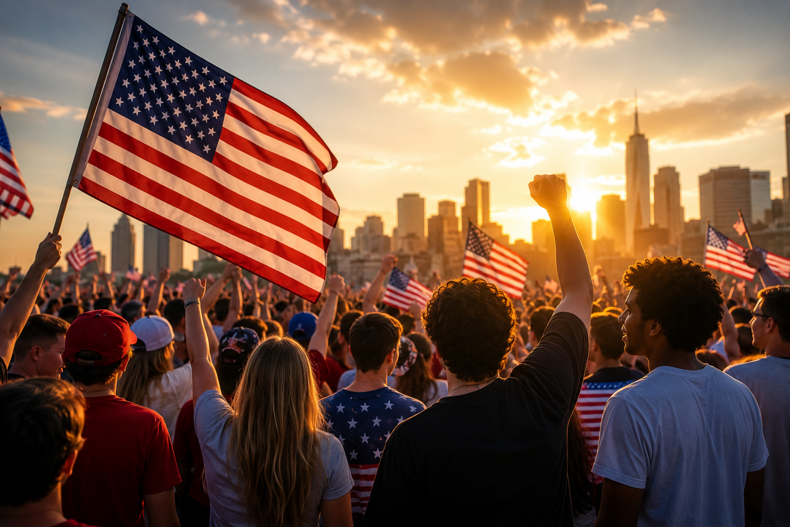 A large crowd of mostly young adults gathers at sunset waving American flags with a city skyline in the background, representing youthful political participation and patriotic enthusiasm.