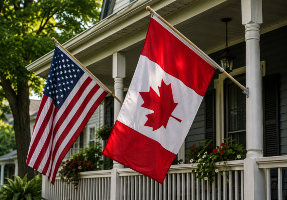 A realistic front porch displaying the Canadian Maple Leaf and the American flag flying side by side in bright daylight, representing friendship, shared heritage, and a vision of North American unity.